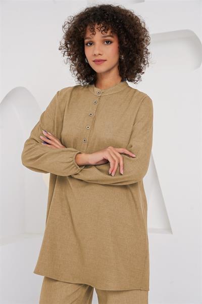 6678 Keten Tunik Pantolon İkili Takım - Bisküvi