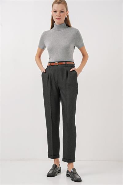 6686 Pileli Kemerli Kumaş Pantolon - Füme