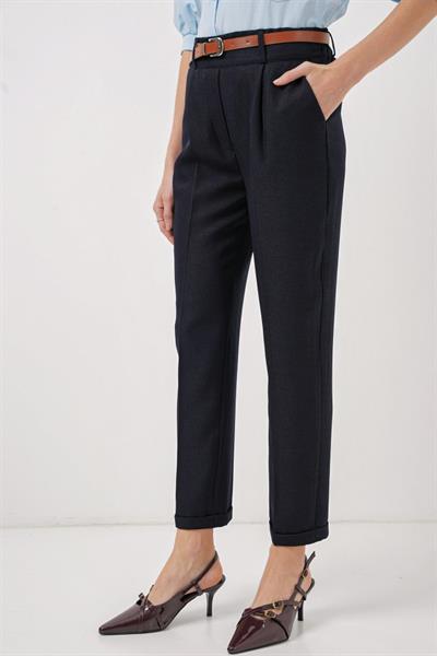 6686 Pileli Kemerli Kumaş Pantolon - Lacivert