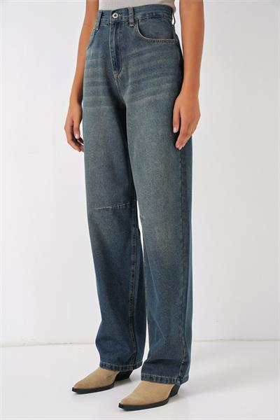 6689 Yüksek Bel Baggy Kot Pantolon - İndigo