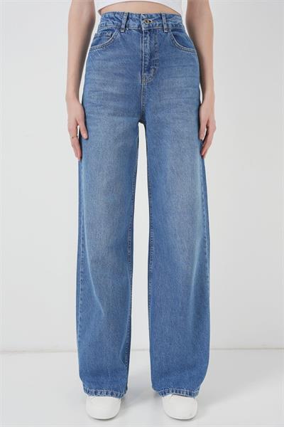 6702 Bol Paça Yüksek Bel Palazzo Kot Pantolon - Lacivert