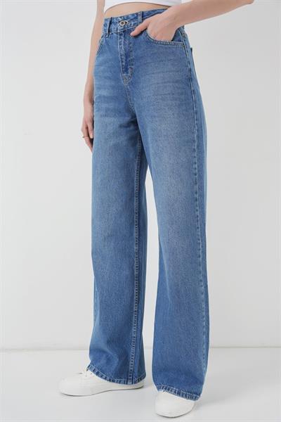 6702 Bol Paça Yüksek Bel Palazzo Kot Pantolon - Lacivert