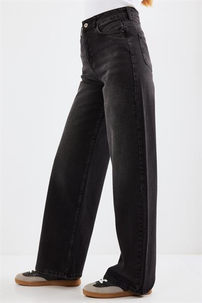 6702 Bol Paça Yüksek Bel Palazzo Kot Pantolon - Siyah