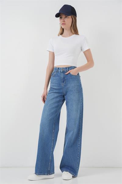 6702 Bol Paça Yüksek Bel Palazzo Kot Pantolon - Lacivert