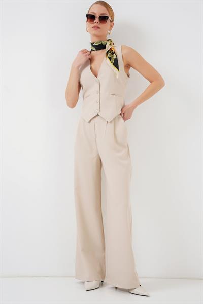 6709 Yelek Pantolon İkili Takım - Krem