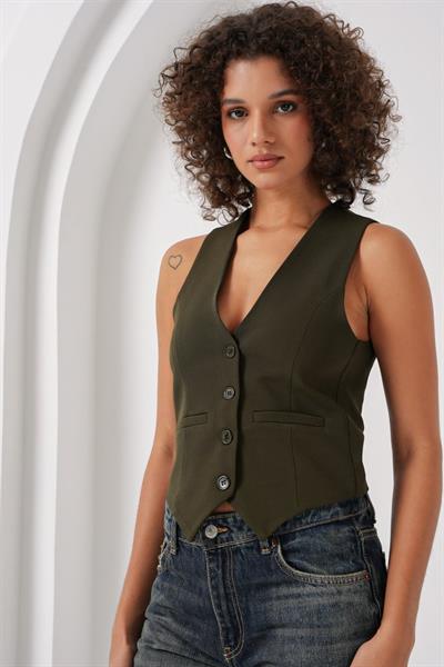 6796 Kısa Dokuma Yelek - Haki