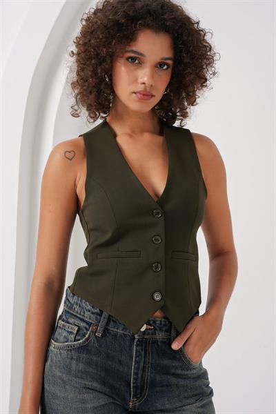 6796 Kısa Dokuma Yelek - Haki