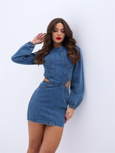 6834 WINDOWED DENIM DRESS-MAVİ