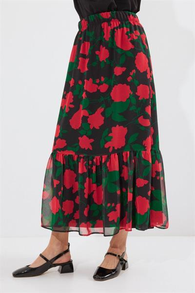 8010 Desenli Şifon Etek - F. Siyah