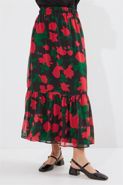 8010 Desenli Şifon Etek - F. Siyah