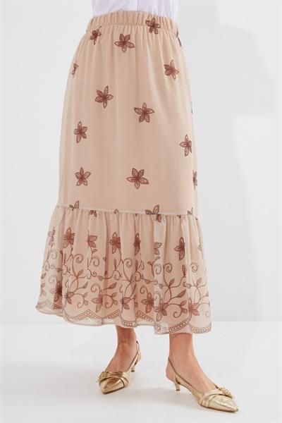 8010 Desenli Şifon Etek - Vizon