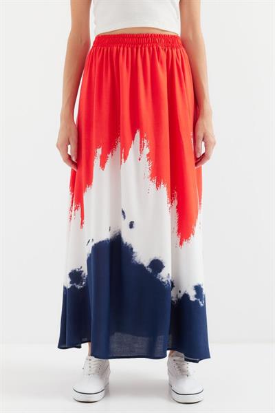 8025 Desenli Uzun Viskon Etek - Kırmızı
