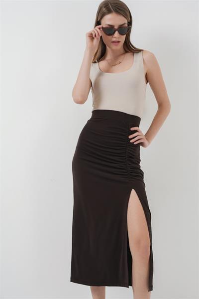 8033 Sandy Yırtmaçlı Etek - Kahverengi