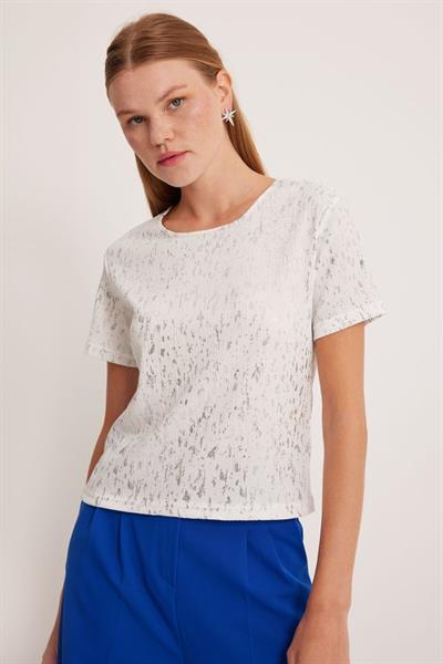 909 Varaklı Basic Tişört - Gümüş