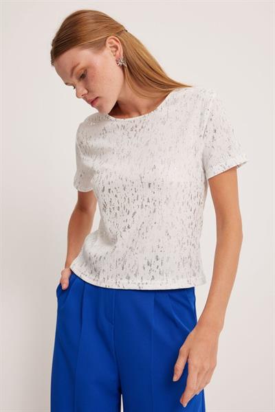 909 Varaklı Basic Tişört - Gümüş