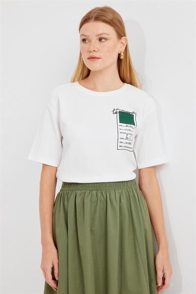 911 Baskılı Örme Basic Tişört - Yeşil