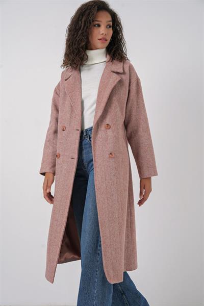 9113 Oversize Geniş Kesim Yünlü Uzun Kaşe Kaban - Somon