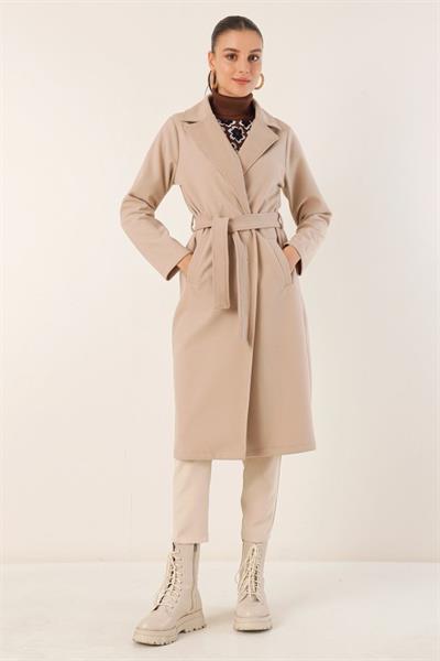 9118 Kruvaze Yaka Kaşe Kaban - Bej