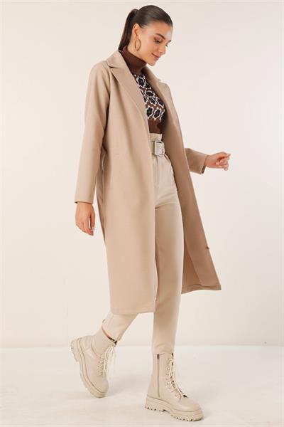 9118 Kruvaze Yaka Kaşe Kaban - Bej