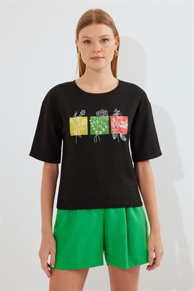 913 Baskılı Örme Basic Tişört - Siyah