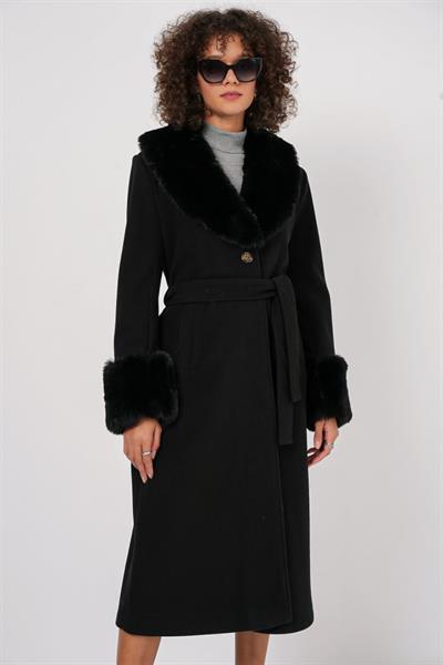 9149 Kürk Detay Uzun Kaban - Siyah