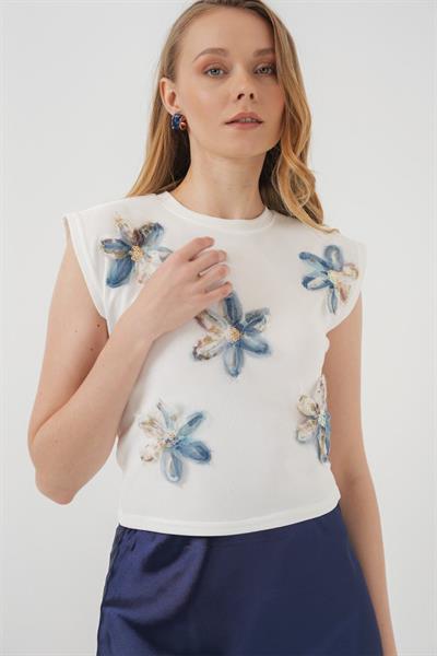 930 Kısa Kol Desenli Crop Bluz - Beyaz