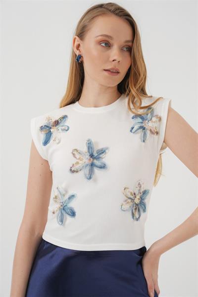 930 Kısa Kol Desenli Crop Bluz - Beyaz