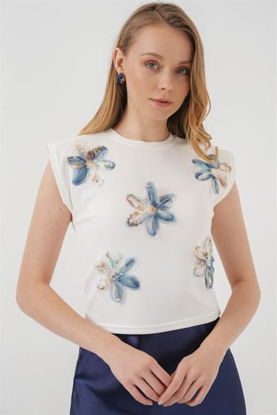 930 Kısa Kol Desenli Crop Bluz - Beyaz