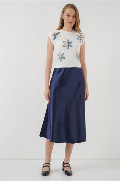 930 Kısa Kol Desenli Crop Bluz - Beyaz