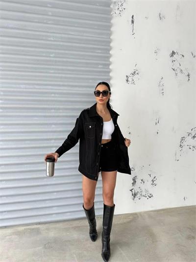 ARKASI NAKIŞLI GÖMLEK - Siyah