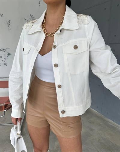 ARKASI NAKIŞLI PÜSKÜLLÜ CROP CEKET - Beyaz