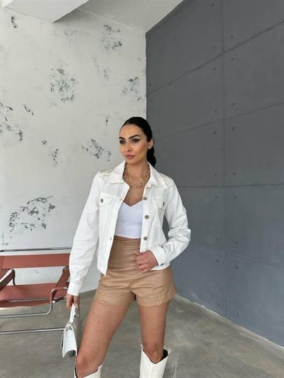 ARKASI NAKIŞLI PÜSKÜLLÜ CROP CEKET - Beyaz