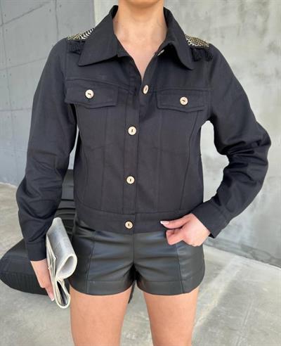 ARKASI NAKIŞLI PÜSKÜLLÜ CROP CEKET - Siyah