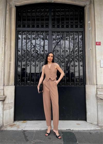 ASİMETRİK DÜĞME YELEK - PAÇA PENS PANTOLON TAKIM - Kahverengi