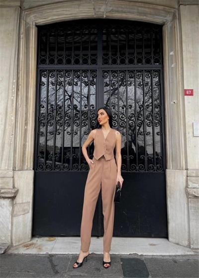 ASİMETRİK DÜĞME YELEK - PAÇA PENS PANTOLON TAKIM - Kahverengi