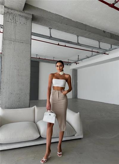 ASİMETRİK KESİM ETEK VİSKON - Bej