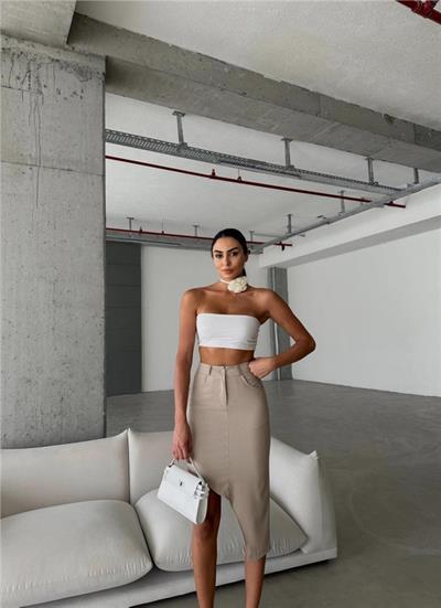 ASİMETRİK KESİM ETEK VİSKON - Bej