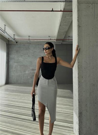 ASİMETRİK KESİM ETEK VİSKON - Gri