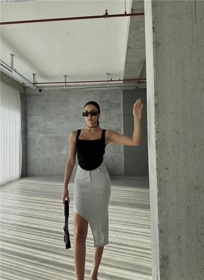 ASİMETRİK KESİM ETEK VİSKON - Gri