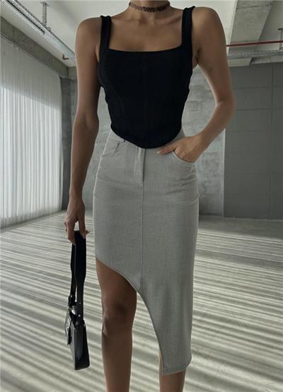 ASİMETRİK KESİM ETEK VİSKON - Gri