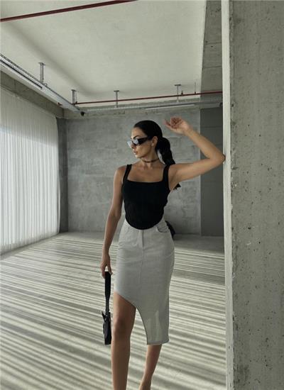 ASİMETRİK KESİM ETEK VİSKON - Gri