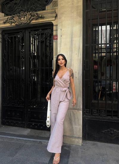 ASKILI ÇİZGİLİ KETEN TULUM - Bej