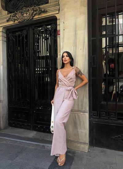 ASKILI ÇİZGİLİ KETEN TULUM - Bej