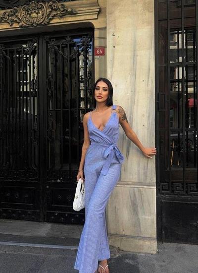 ASKILI ÇİZGİLİ KETEN TULUM - Mavi