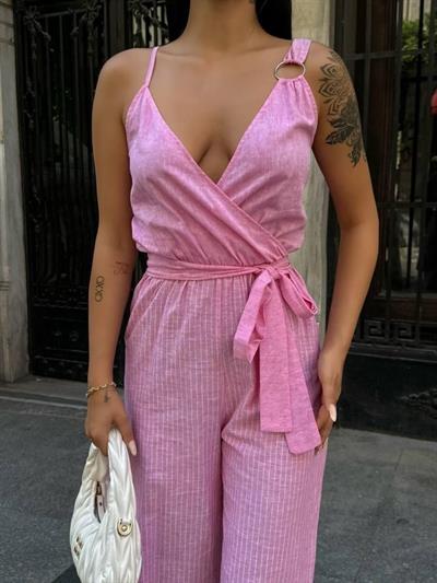 ASKILI ÇİZGİLİ KETEN TULUM - Pembe