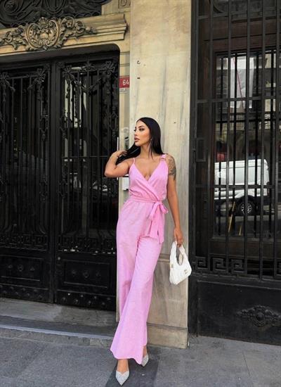 ASKILI ÇİZGİLİ KETEN TULUM - Pembe