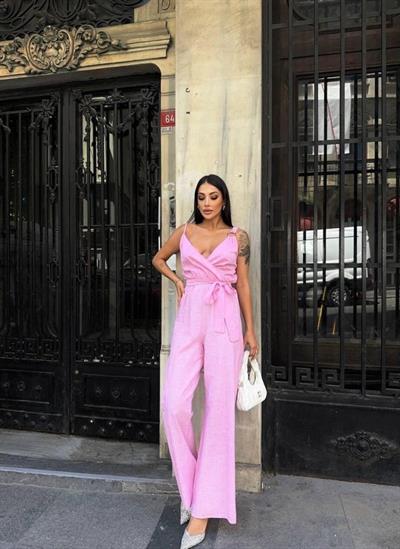 ASKILI ÇİZGİLİ KETEN TULUM - Pembe