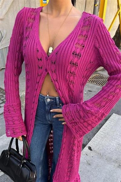 Ajur Uzun Düğmeli Triko Hırka 5181