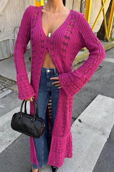 Ajur Uzun Düğmeli Triko Hırka 5181