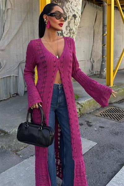 Ajur Uzun Düğmeli Triko Hırka 5181